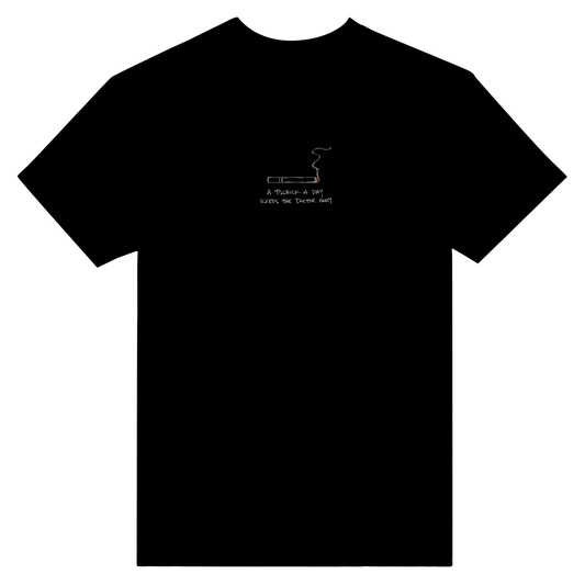 Schwarzes „A Tschick A Day Keeps The Doctor Away“ T-Shirt mit kleiner Stickerei auf der Brust